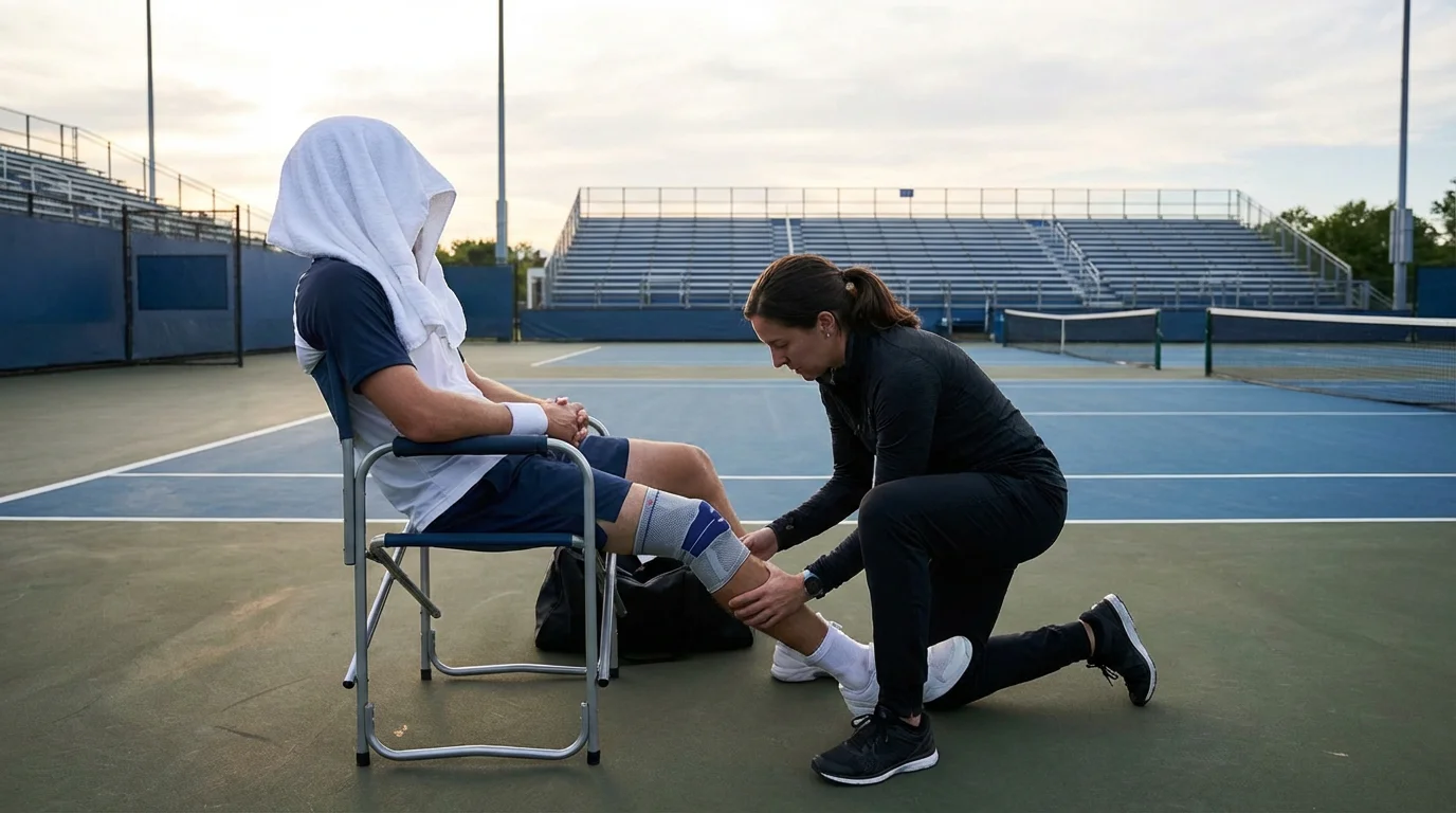 Joueur de tennis assis sur sa chaise lors d'un temps médical, serviette sur la tête