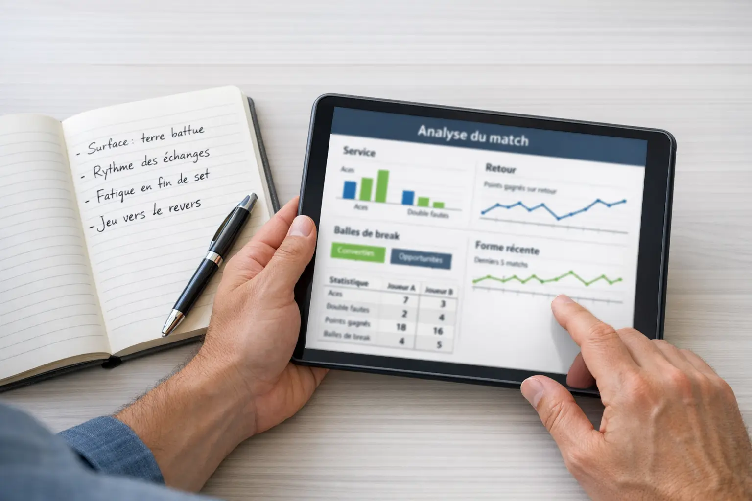Personne analysant des statistiques de tennis sur une tablette avec un carnet de notes