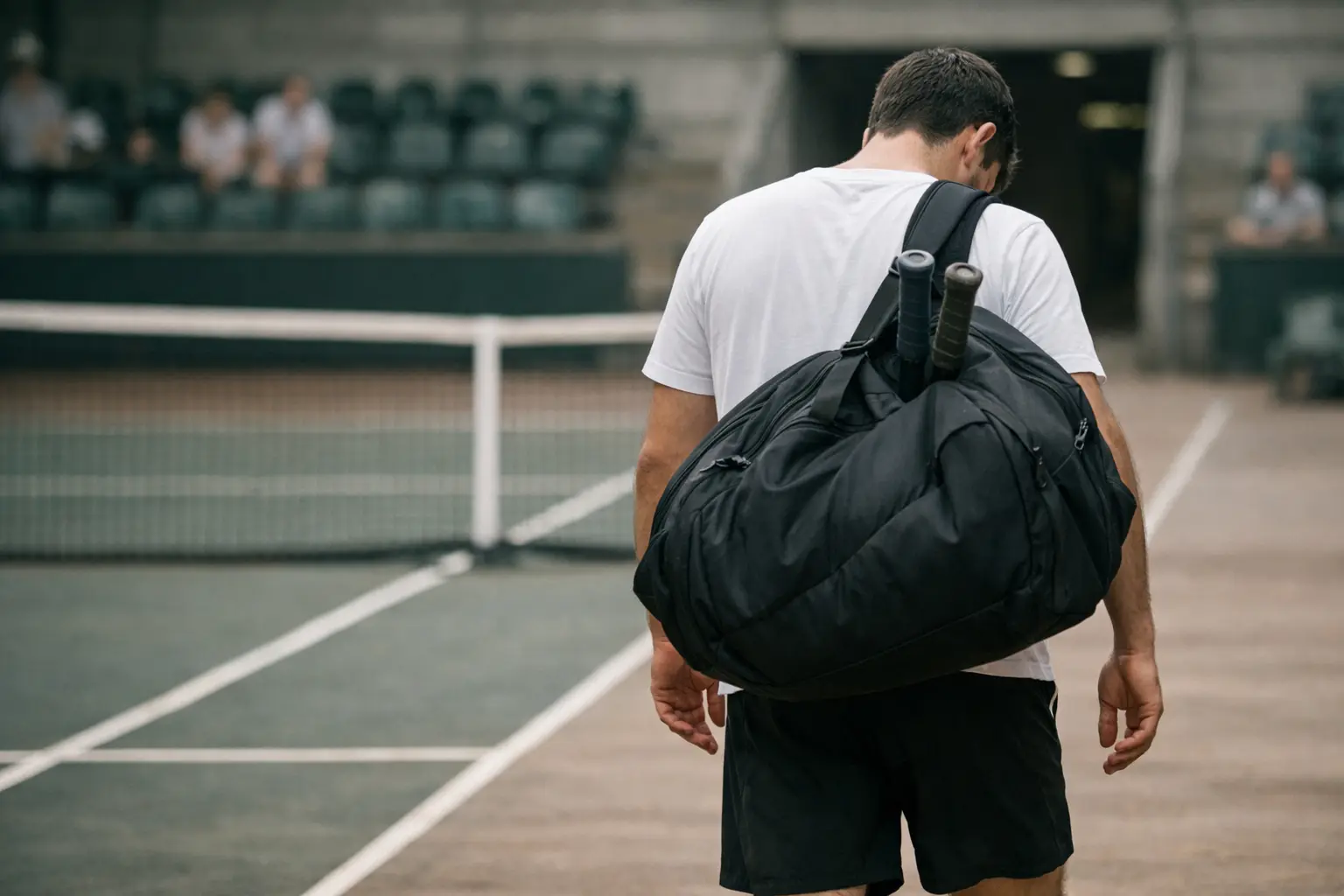 Joueur de tennis quittant le court avec son sac de sport