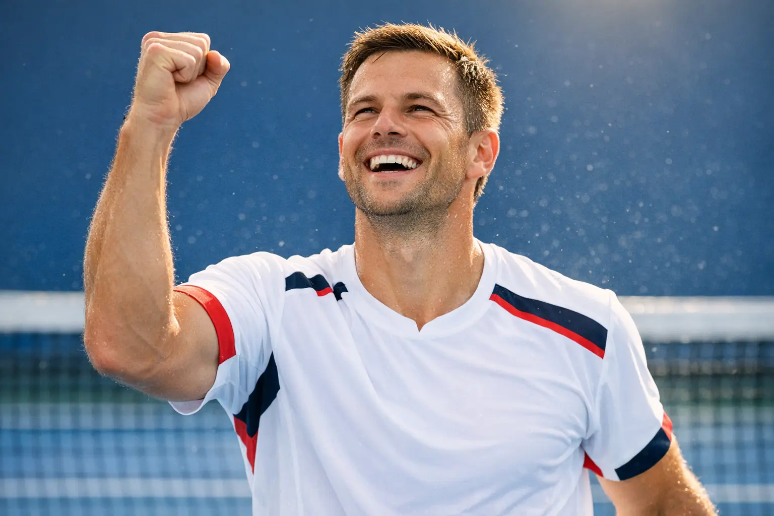 Joueur de tennis célébrant une victoire le poing levé