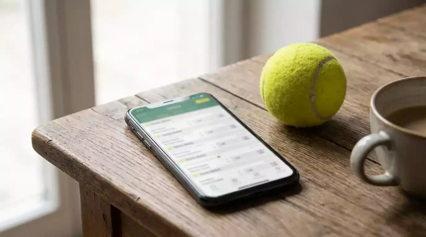 Smartphone affichant une application de paris sportifs tennis posé sur une table à côté d'une balle de tennis