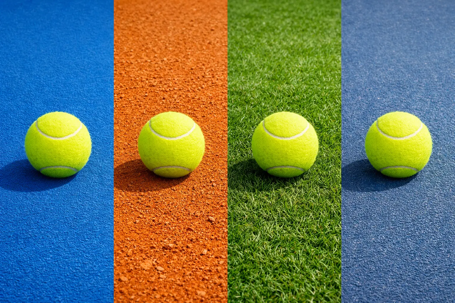 Quatre balles de tennis posées sur différentes surfaces de court