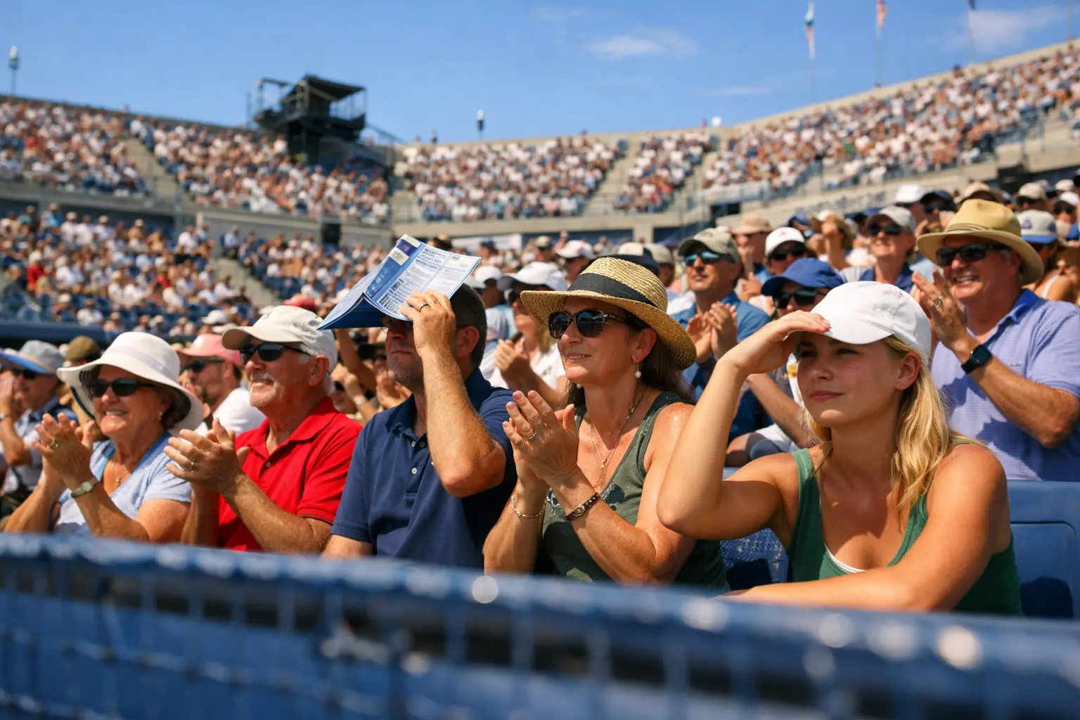 Tribune de tournoi de tennis avec spectateurs sous le soleil