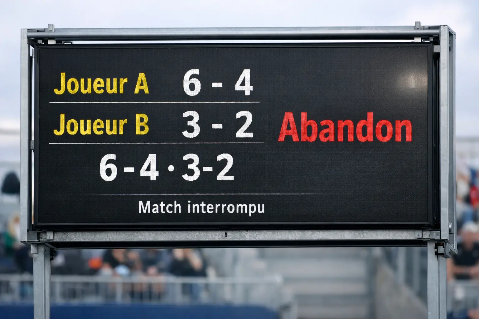 Tableau de score de tennis montrant un match interrompu