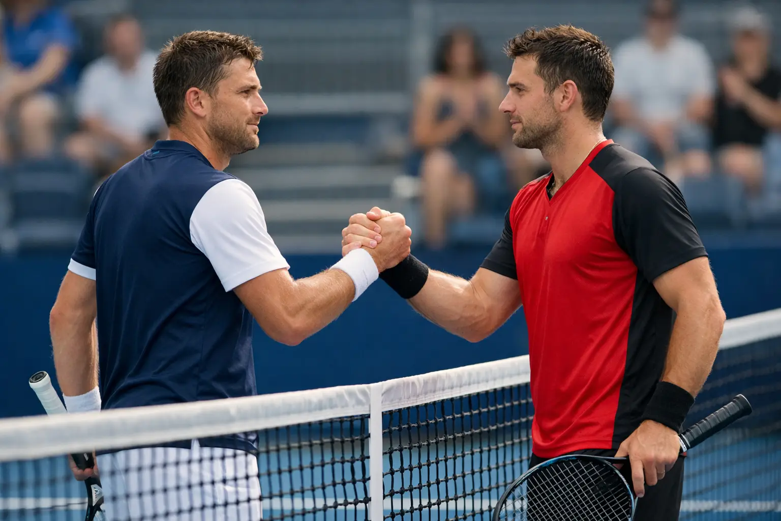 Deux joueurs de tennis se serrant la main au filet après un match
