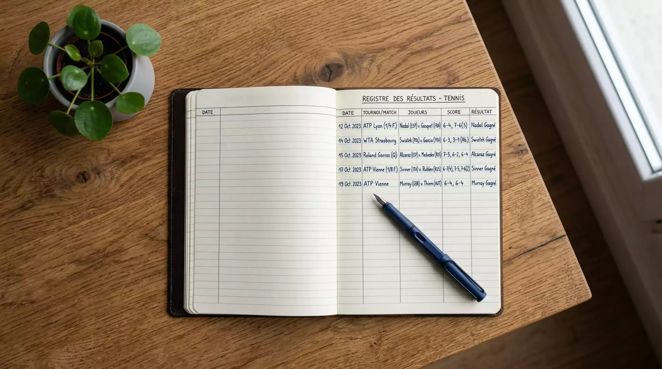 Carnet ouvert avec un stylo posé dessus, montrant un suivi de résultats soigneusement organisé