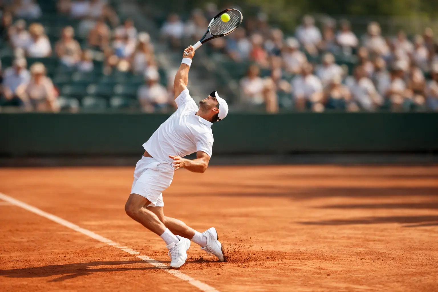 Joueur de tennis professionnel en pleine action sur terre battue lors d'un tournoi