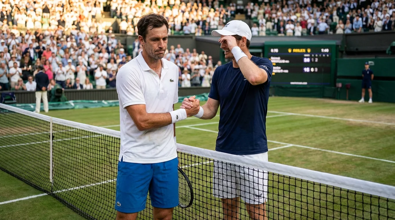 Deux joueurs de tennis se serrant la main au filet après un match sur gazon