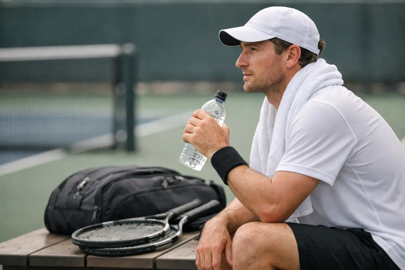 Joueur de tennis pendant un changement de côté assis sur sa chaise
