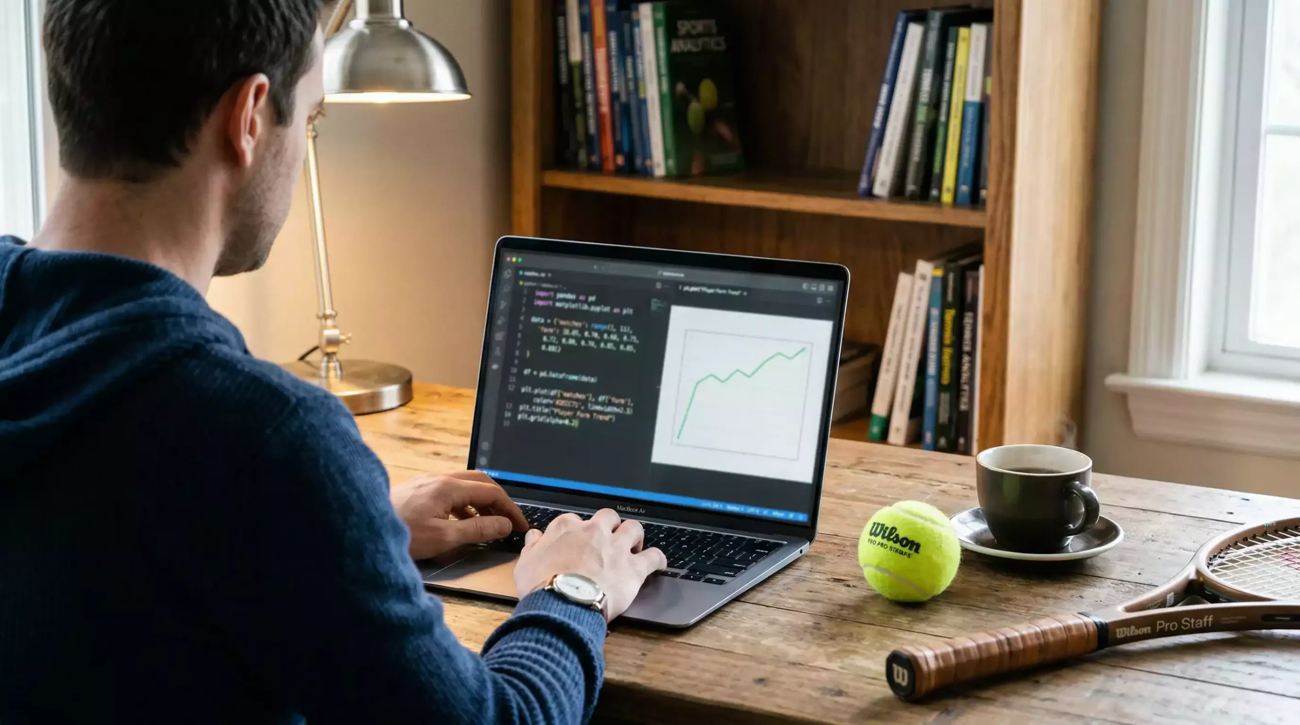Analyste étudiant des données de tennis sur un ordinateur portable avec des lignes de code et statistiques