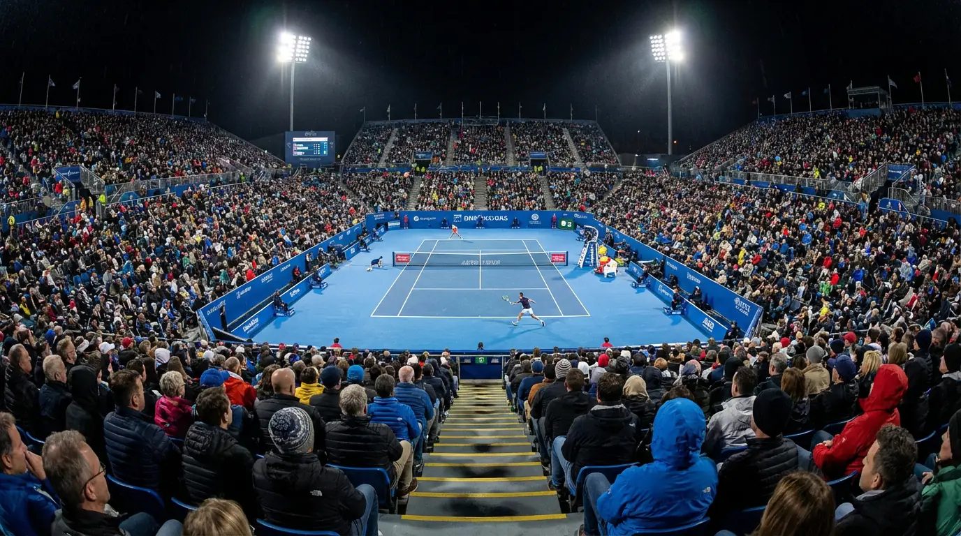 Match de tennis en cours vu depuis les tribunes avec un public captivé