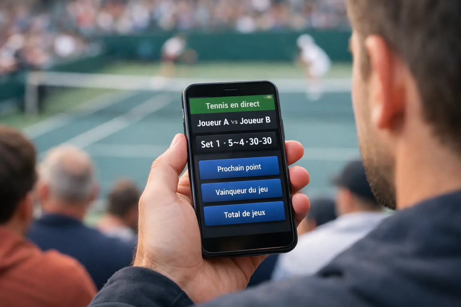 Spectateur regardant un match de tennis sur smartphone dans les tribunes d'un court