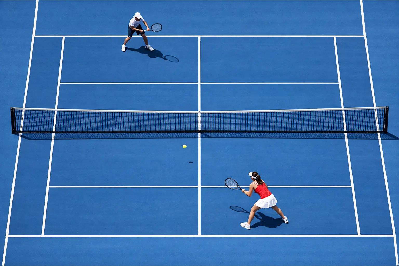 Court de tennis vu de haut pendant un point disputé