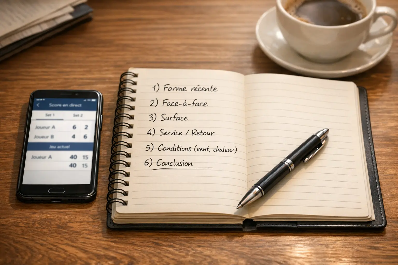 Carnet de notes avec analyse manuscrite de match de tennis
