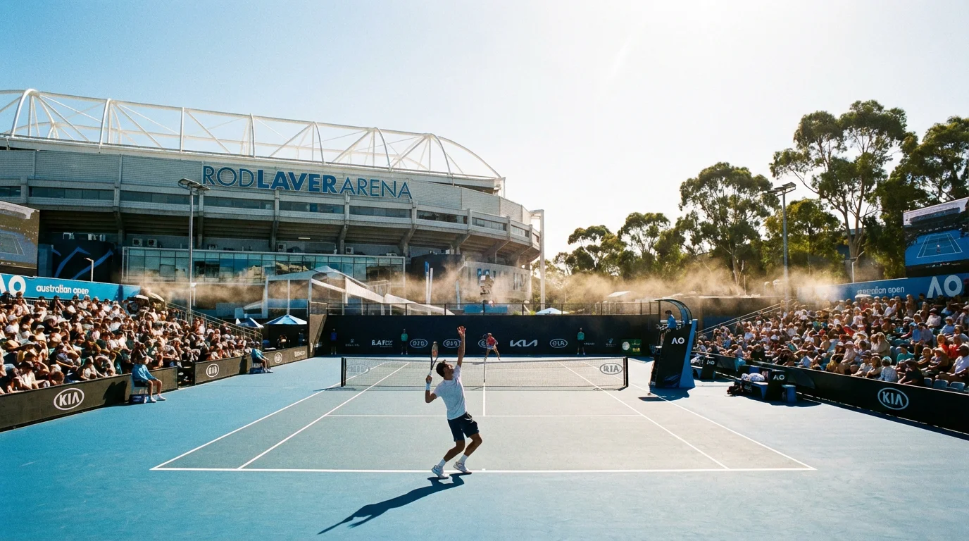 Stade de la Rod Laver Arena sous un ciel bleu intense et soleil brûlant de Melbourne