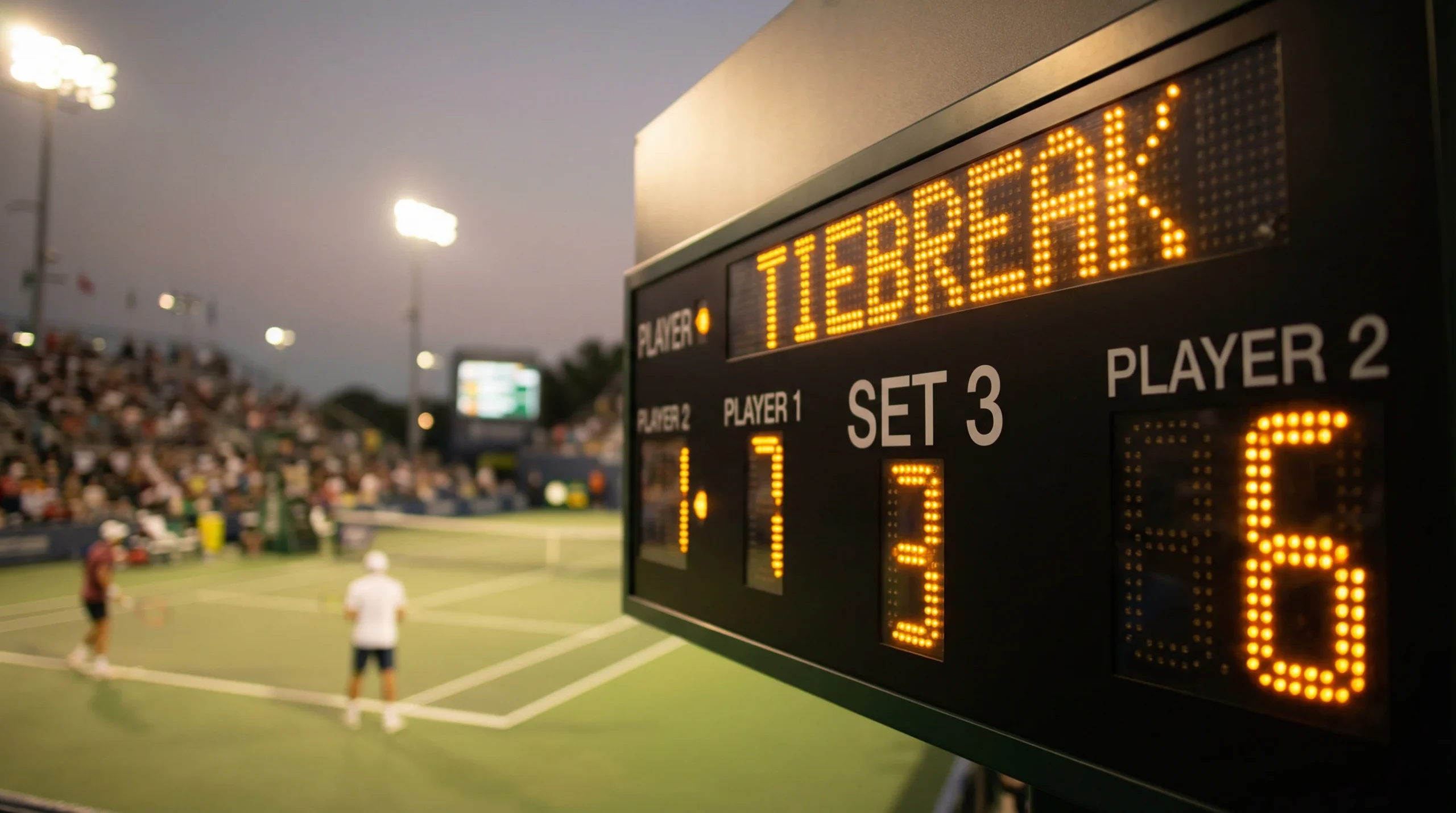 Tableau d'affichage de score de tennis montrant un set serré au tie-break