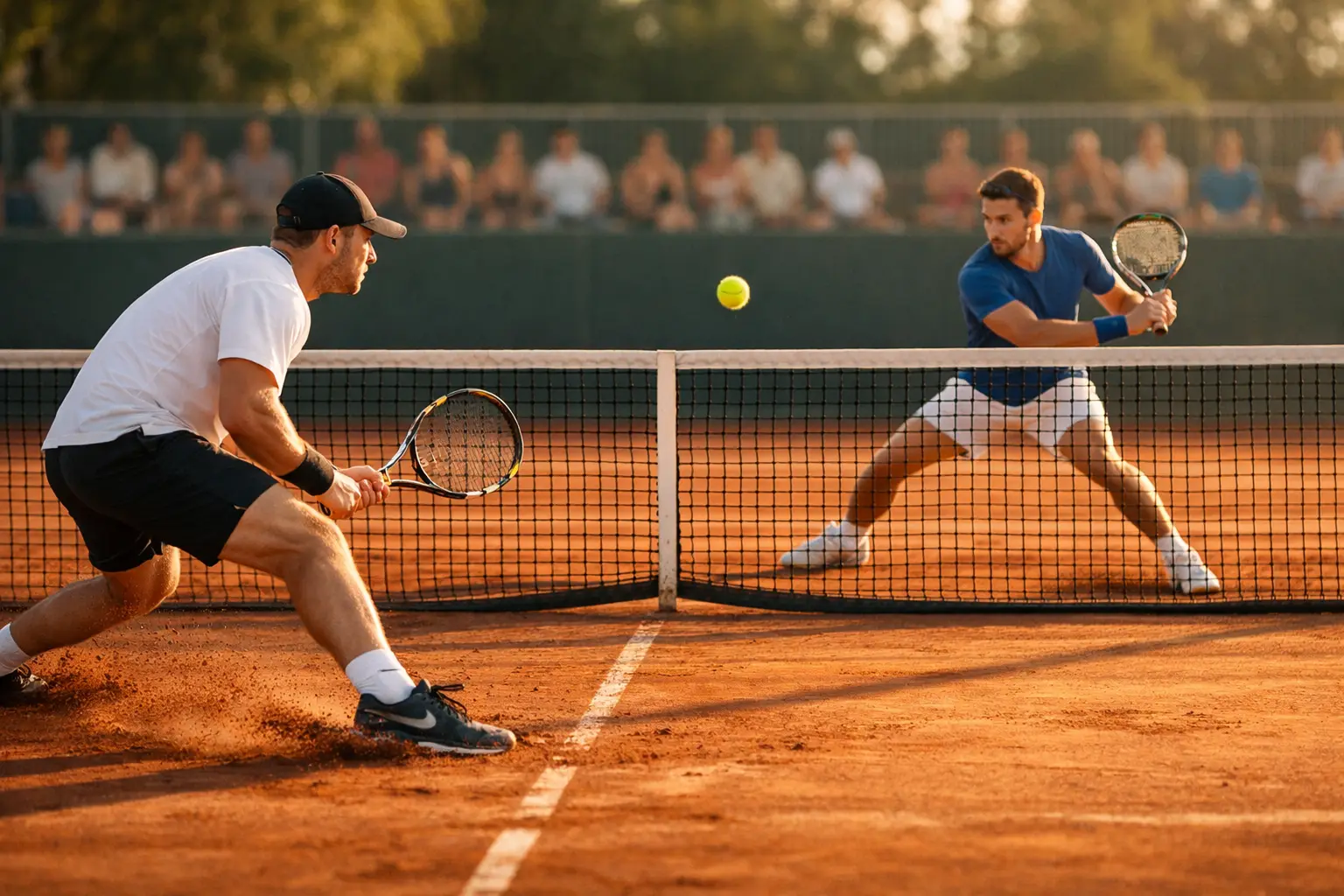 Échange intense entre deux joueurs de tennis en fond de court