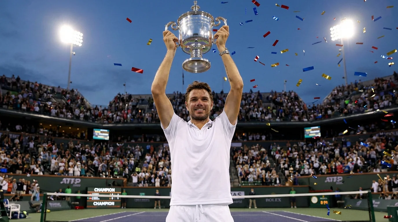 Joueur de tennis soulevant un trophée sur le court central après avoir remporté un tournoi