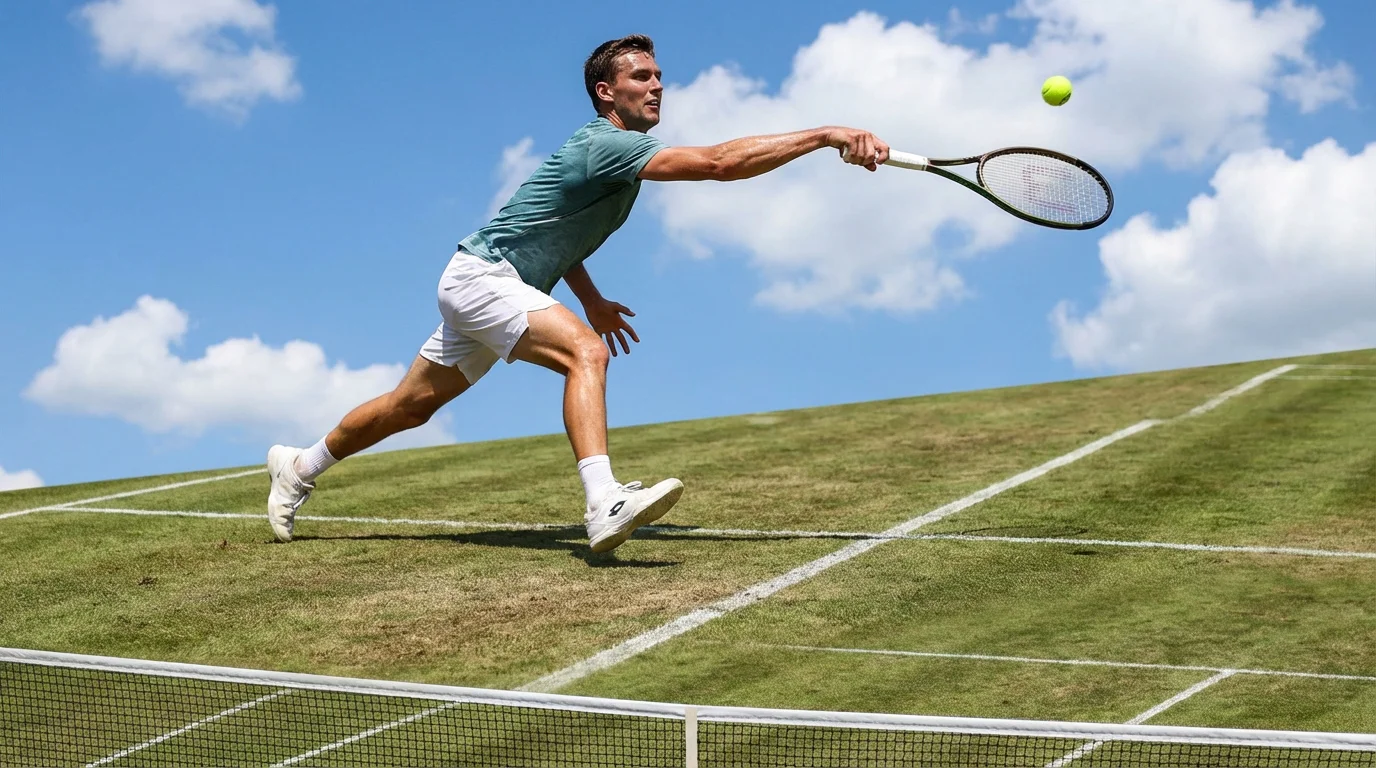 Joueur de tennis de grande taille effectuant un service puissant vu en contre-plongée