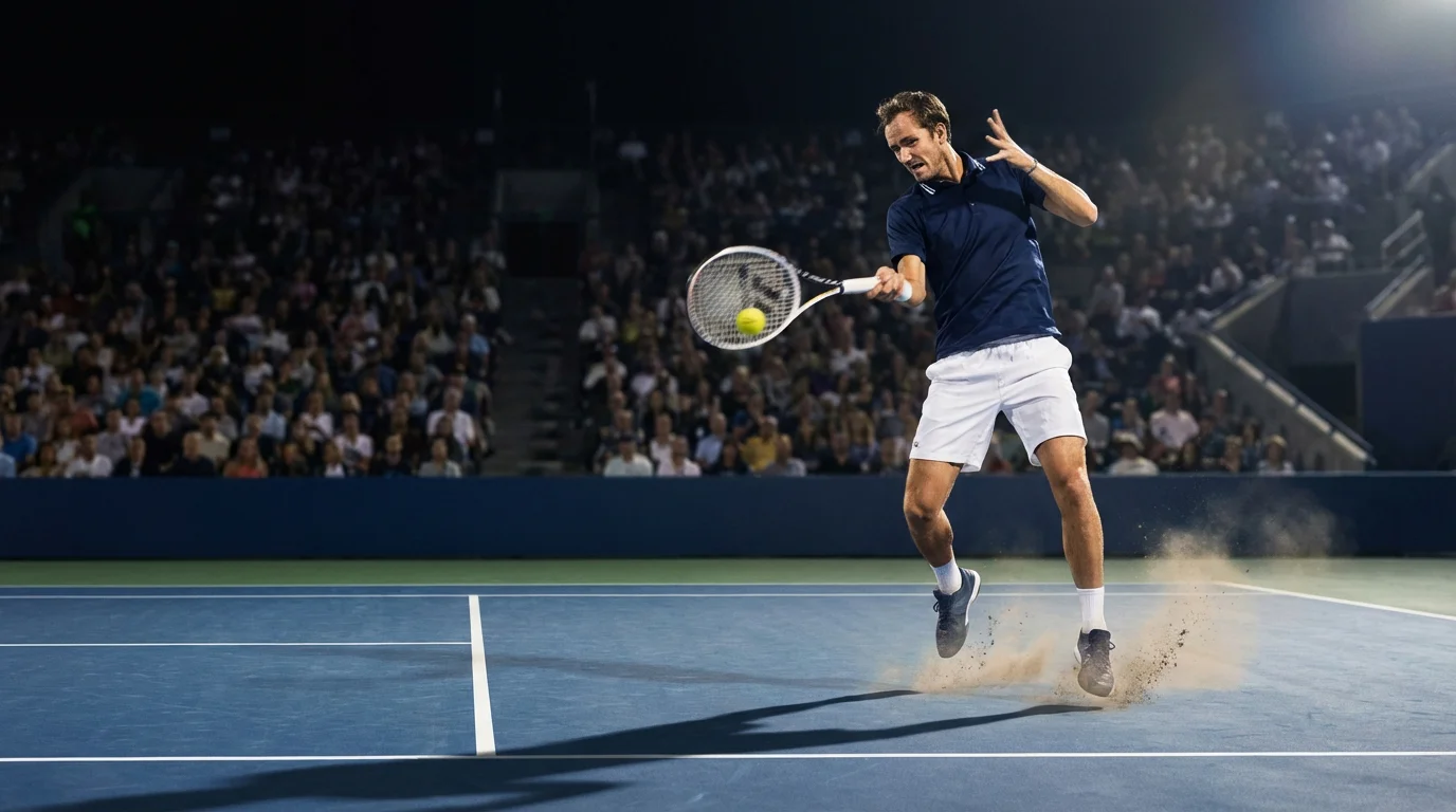 Joueur de tennis frappant un coup droit puissant sur un court en dur sous les projecteurs