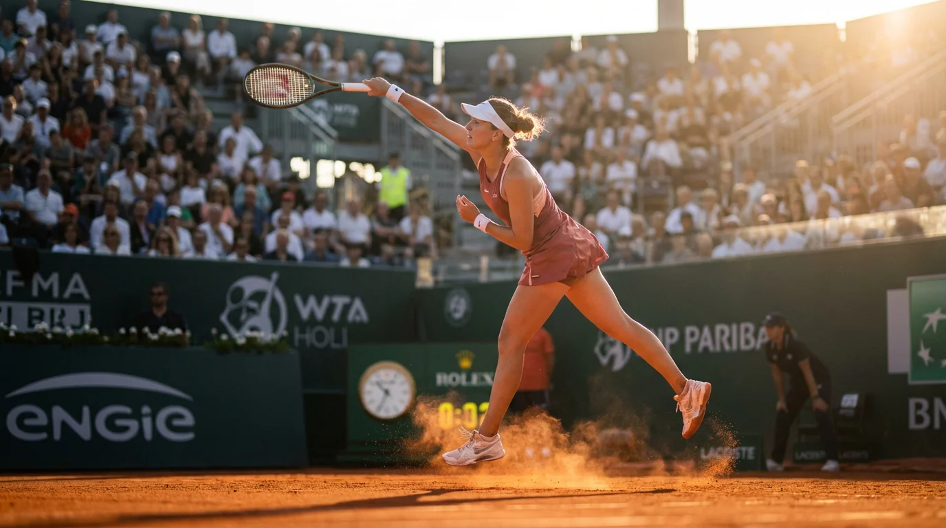 Joueuse de tennis WTA servant la balle sur un court en terre battue lors d'un tournoi