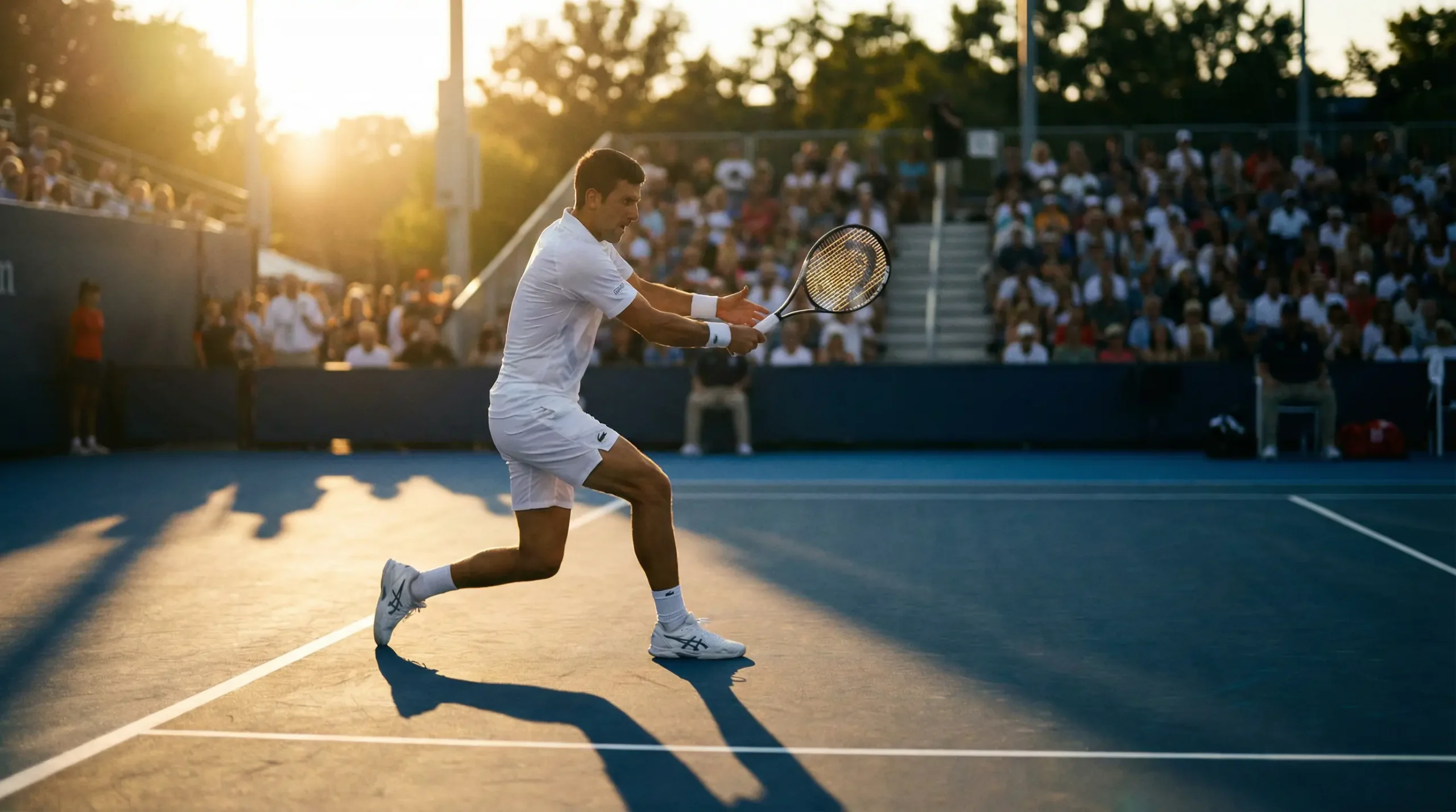 Joueur de tennis en action sur un court en dur, raquette levée prêt à frapper la balle