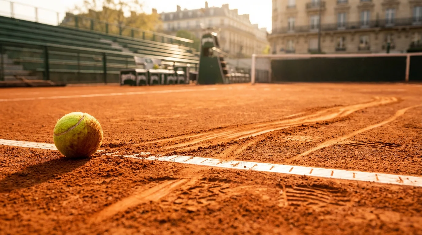 Court de terre battue de Roland-Garros avec la ligne de fond et les traces de glissade