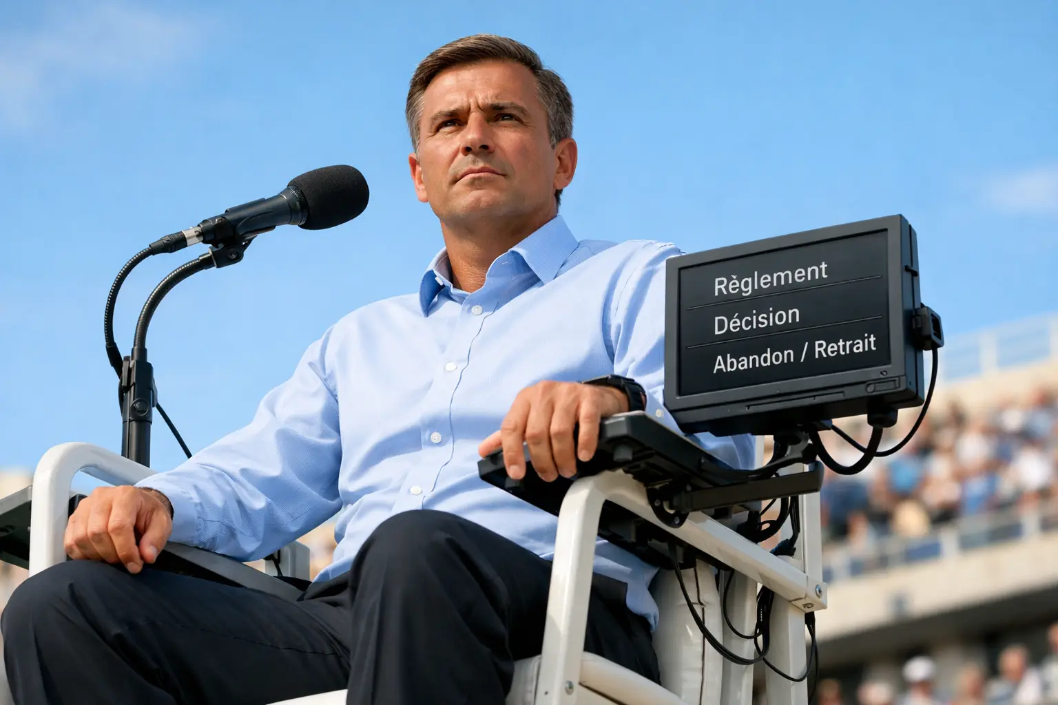 Arbitre de tennis en chaise haute surveillant le match