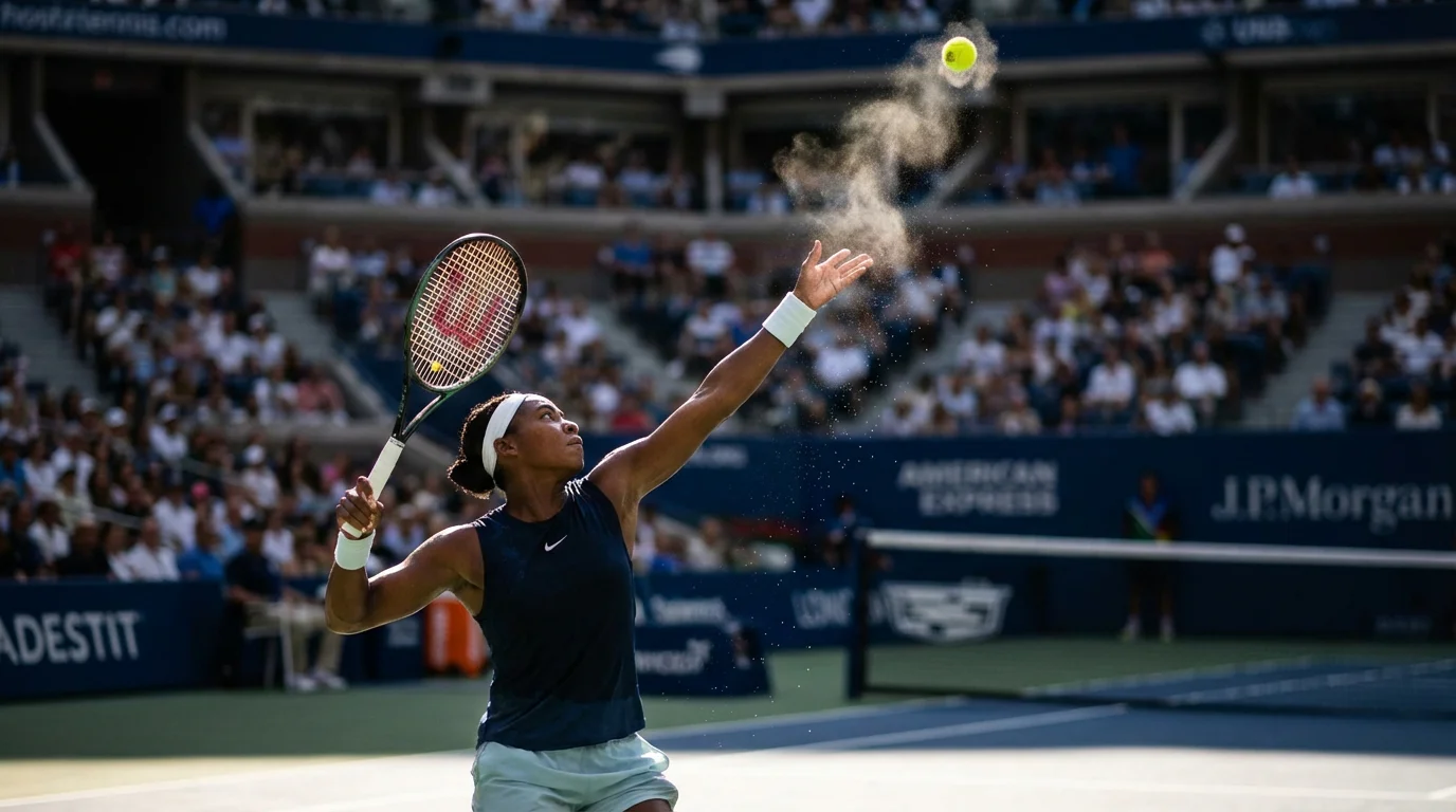 Joueur de tennis au service avec une balle en l'air, capturé dans un geste technique parfait