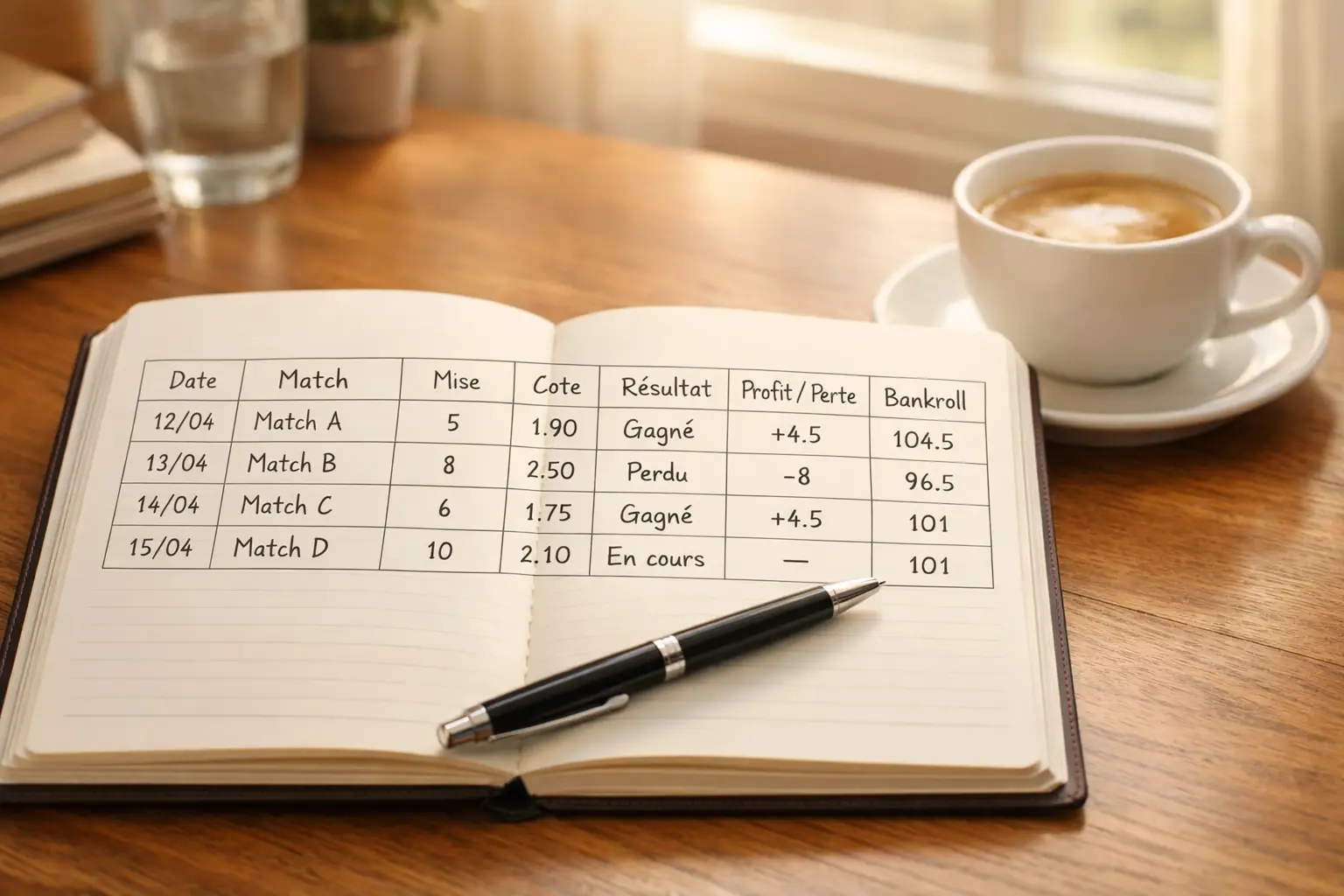 Bureau organisé avec carnet de suivi des paris, stylo et tasse de café