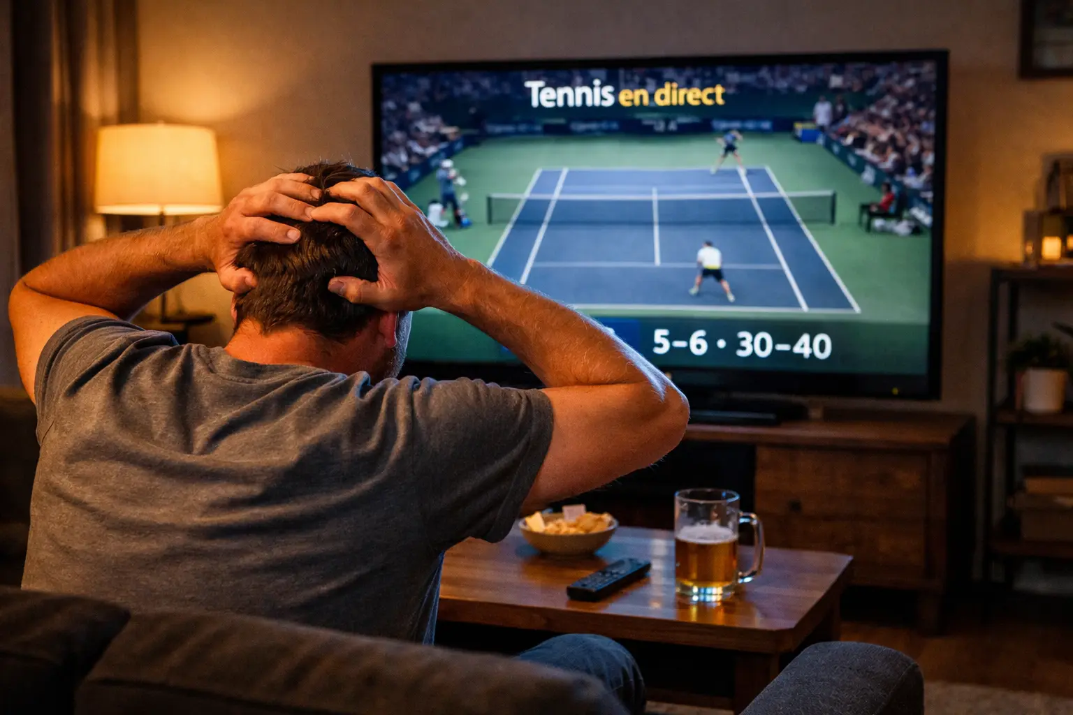 Fan de tennis réagissant avec émotion devant un écran