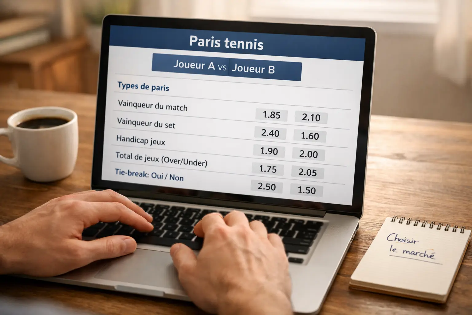 Écran d'ordinateur portable affichant une interface de paris sportifs tennis avec différentes options