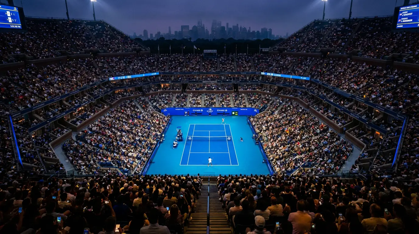Stade Arthur Ashe illuminé lors d'une session nocturne de l'US Open