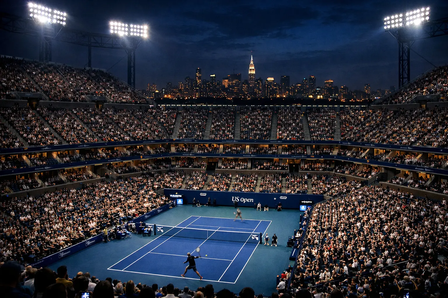 Arthur Ashe Stadium de l'US Open illuminé en soirée